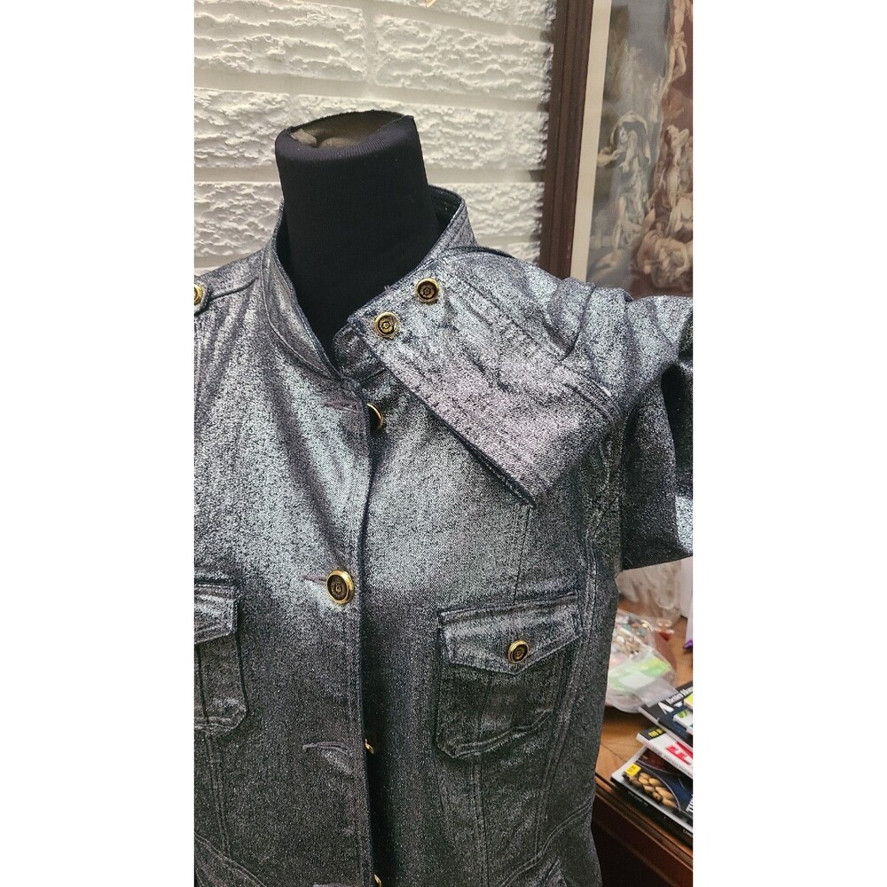 DG2 Diane Gilman Metallic Denim Military Style Jacket Size Large